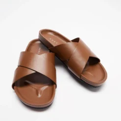 Outlet ⌛ AERE Brunswick Leather Slides Brown 👏