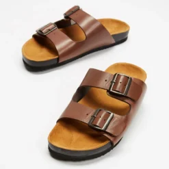 Buy ⭐ AERE Two Strap Buckle Leather Sandals Brown ✔️