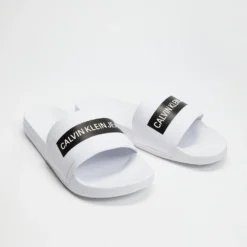 Hot Sale 🌟 Calvin Klein ✔️ Jeans Tape Institutional Slides - Men's Bright White ⌛