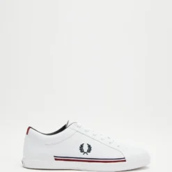Deals ⭐ Fred Perry Baseline Perforated Leather White & Navy 🔥