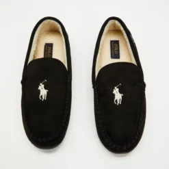 Hot Sale 💯 Polo Ralph Lauren Declan Slippers - THE ICONIC Exclusive Black Microsuede, Faux Shearling & Cream ❤️