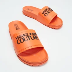 Discount ⌛ Versace Jeans Couture Logo Pool Slides - Men's Orange Neon 🛒